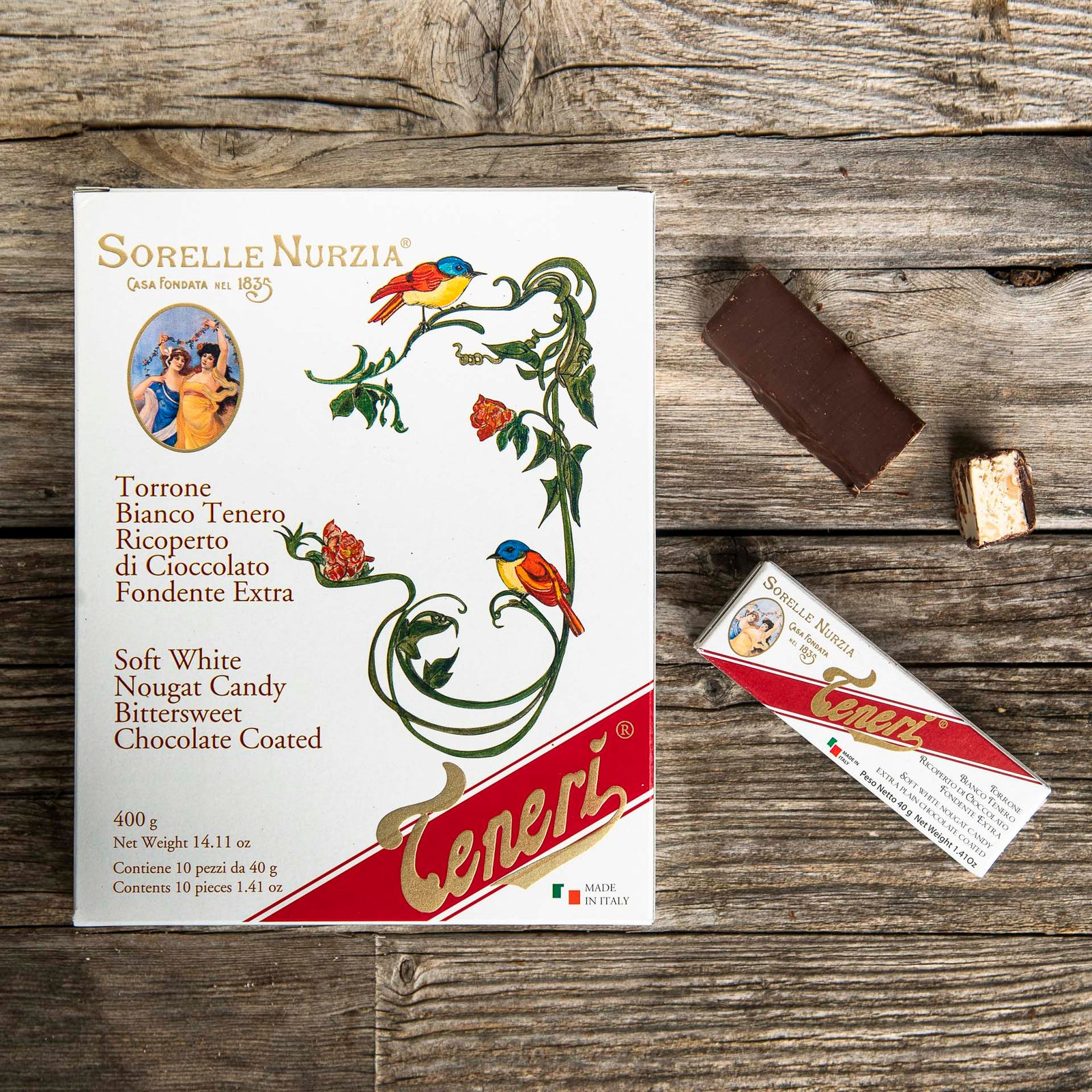 TORRONE BIANCO TENERO RICOPERTO DI CIOCCOLATO FONDENTE EXTRA – SCATOLA N.10 STECCHE